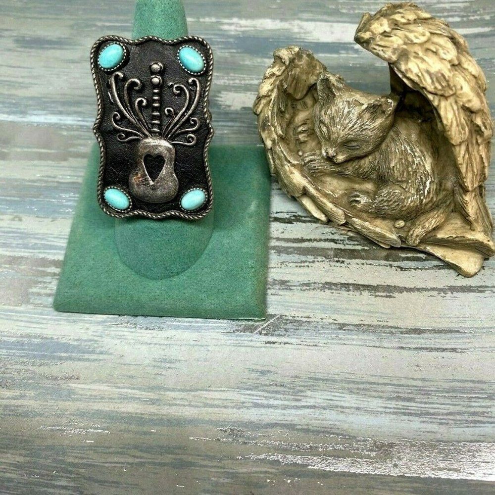 Guitar Heart Strings Turquoise Dark Silver Ring